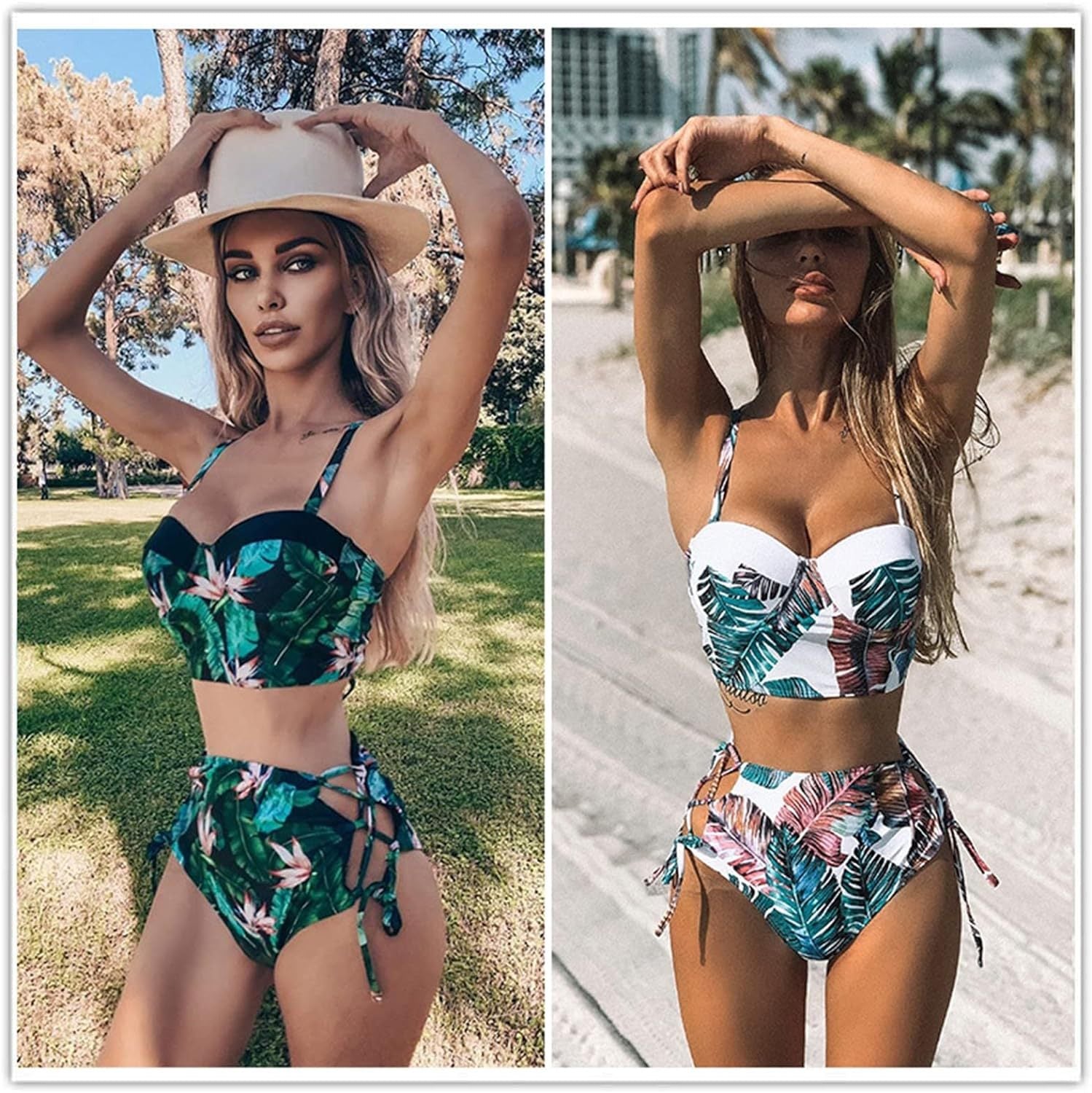 Cross-border New European and American Women's Split Two-cut Swimsuit Floral High Waist Drawstring Lace-up Sexy Backless Bikini