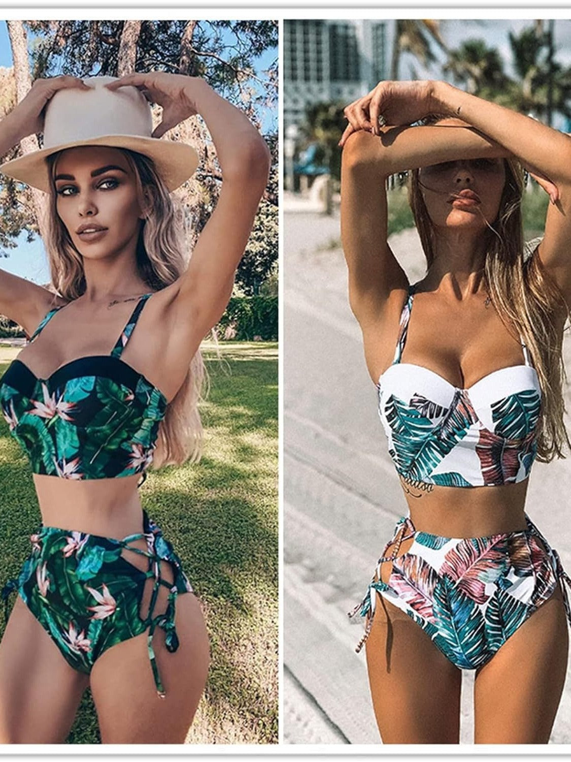 Cross-border New European and American Women's Split Two-cut Swimsuit Floral High Waist Drawstring Lace-up Sexy Backless Bikini