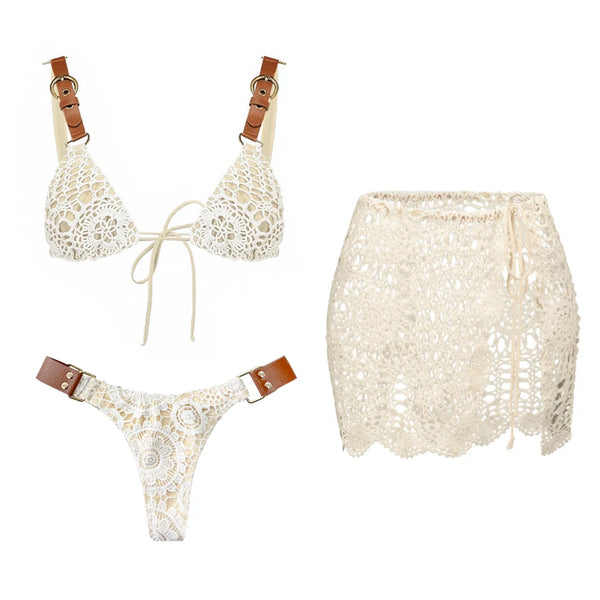 White Crochet 3 Piece Bikini Set