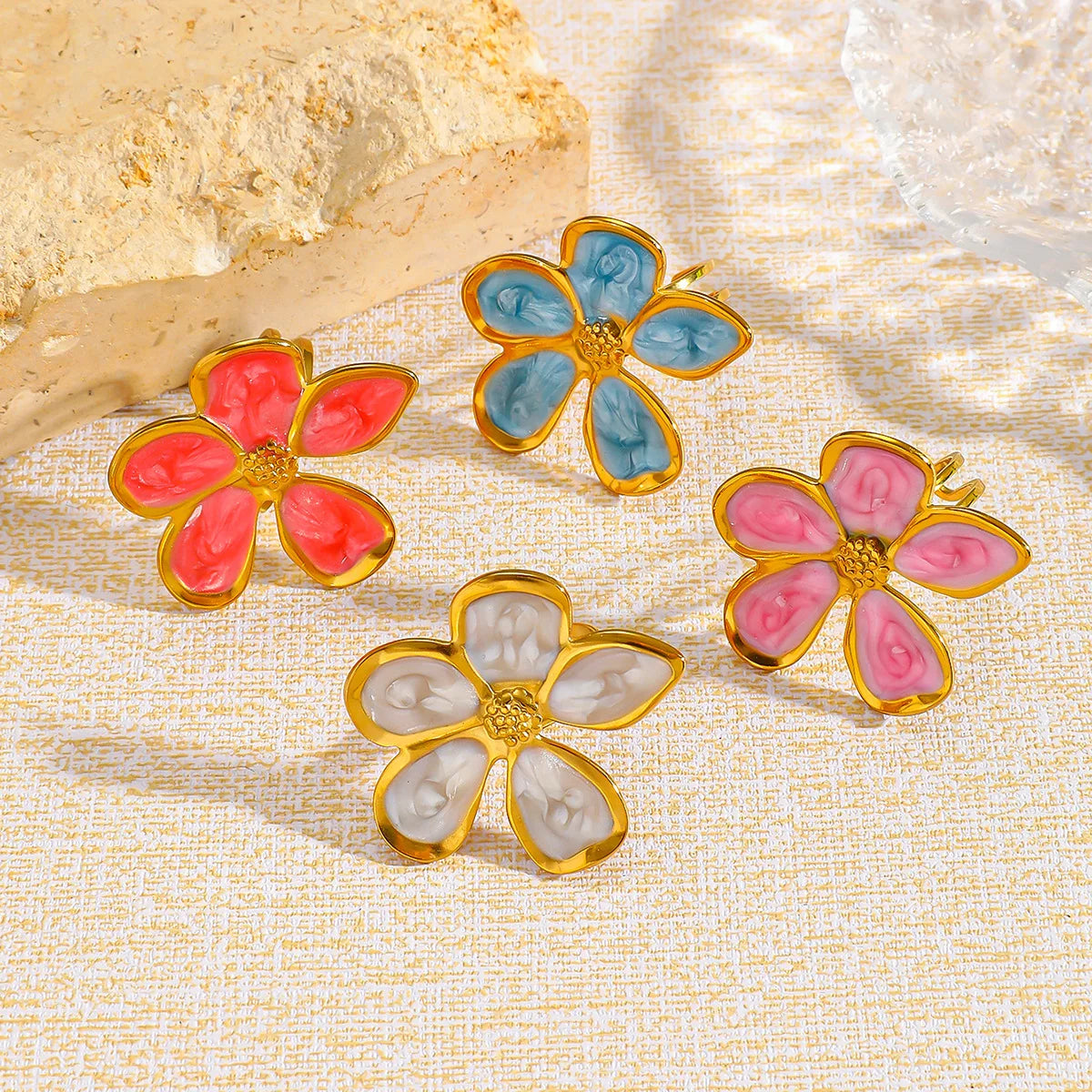Gold Flower Stud Earrings Set