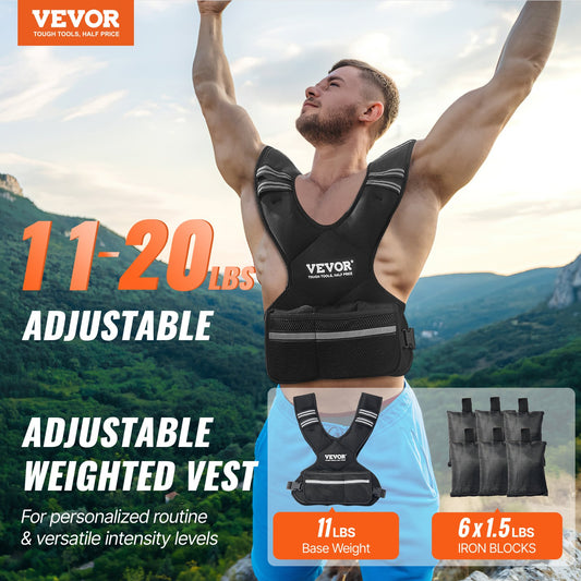 Chaleco  Ajustable, Chaleco de Peso de 11-20 lb con 6 Pesas de Arena y Hierro y Banda Reflectante, Juego de Chaleco de Peso para Hombres y Mujeres, Equipo de Ejercicio para Entrenamiento de Fuerza, Correr y Trotar.